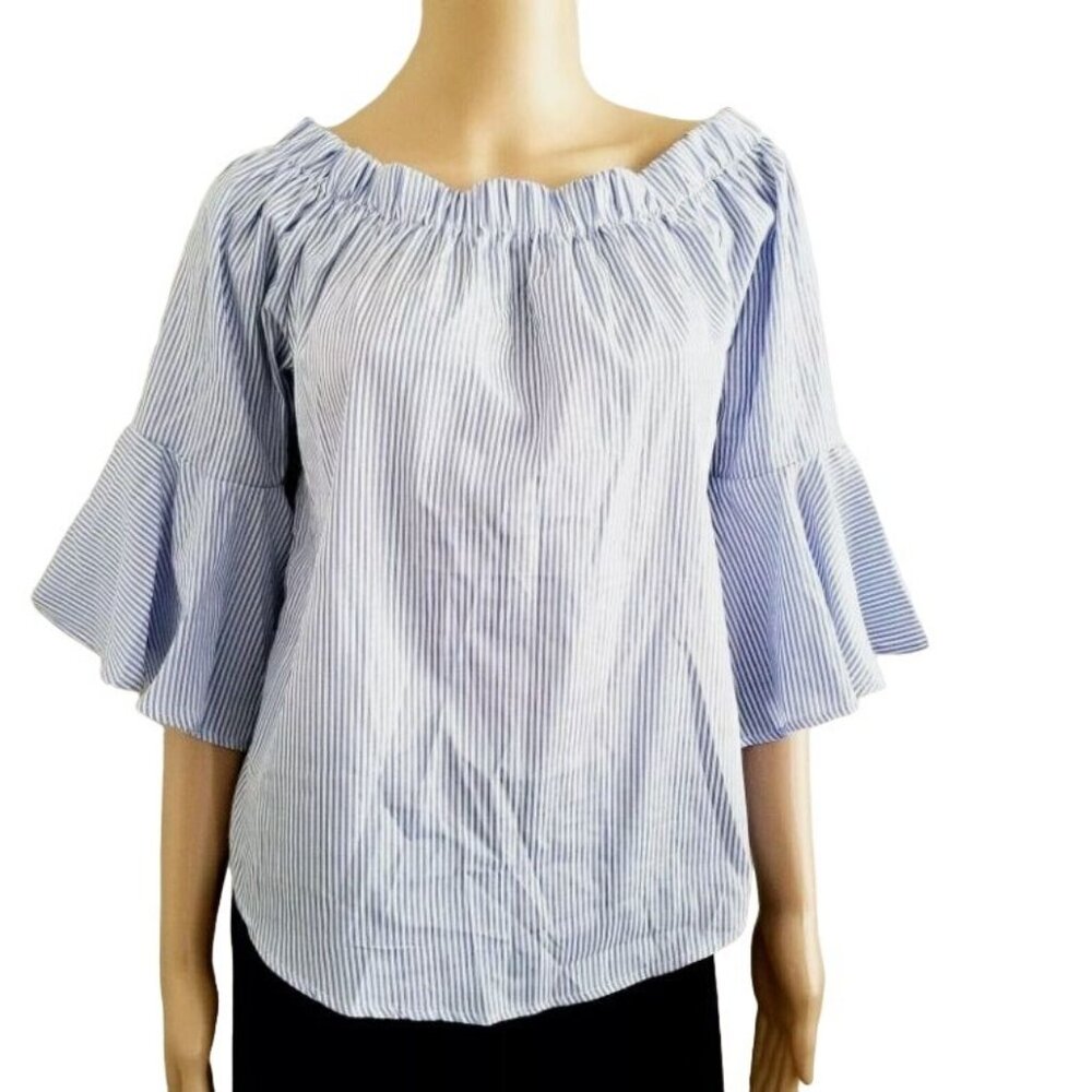 Kontrol Contemporary Blue & White Stripe Off-Shoulder 3/4 Sleeve Blouse Medium - Picture 2 of 13